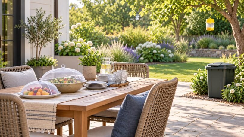 Editorial illustration of a clean patio with covered food and a distant garden fly trap.