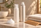 Hair styling foam beside unbranded mousse containers and a comb