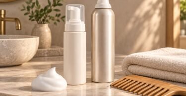 Hair styling foam beside unbranded mousse containers and a comb