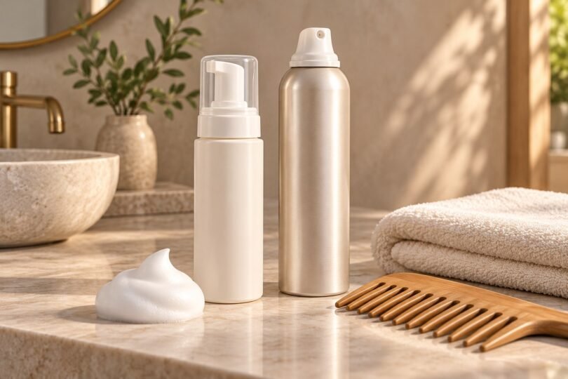 Hair styling foam beside unbranded mousse containers and a comb