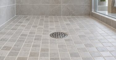 Round stainless-steel shower drain grate set in a tiled shower floor.