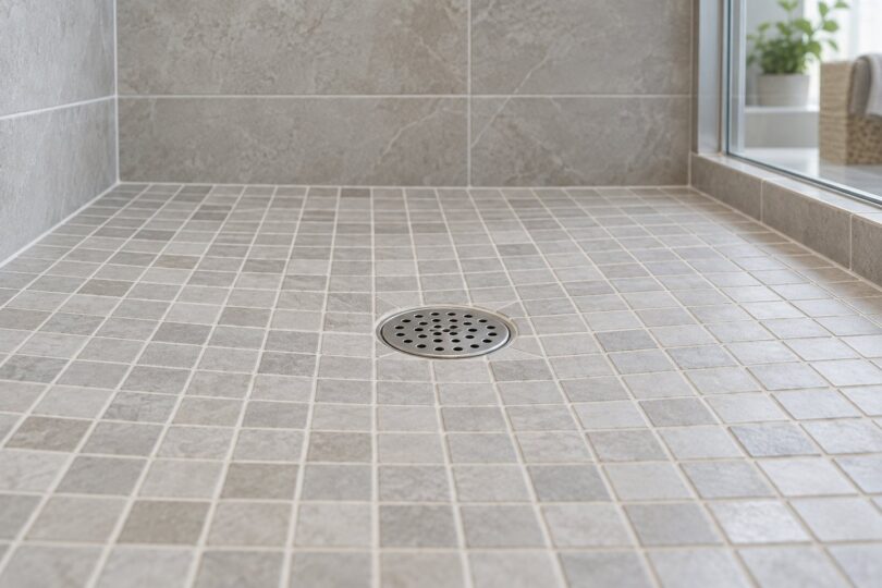 Round stainless-steel shower drain grate set in a tiled shower floor.