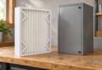 Generic deep pleated furnace filter beside a closed HVAC filter cabinet.