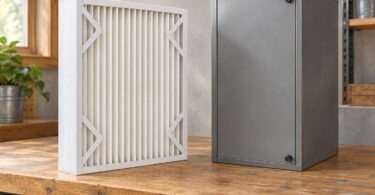 Generic deep pleated furnace filter beside a closed HVAC filter cabinet.