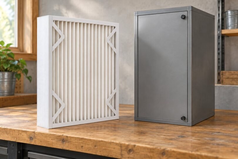 Generic deep pleated furnace filter beside a closed HVAC filter cabinet.