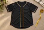 Plain black button-front baseball jersey with gold piping beside a measuring tape.