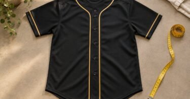 Plain black button-front baseball jersey with gold piping beside a measuring tape.