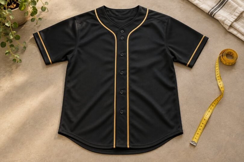 Plain black button-front baseball jersey with gold piping beside a measuring tape.