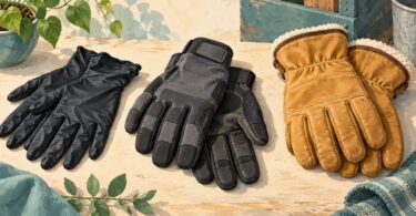 Illustration of disposable nitrile, reusable workshop and insulated leather gloves.