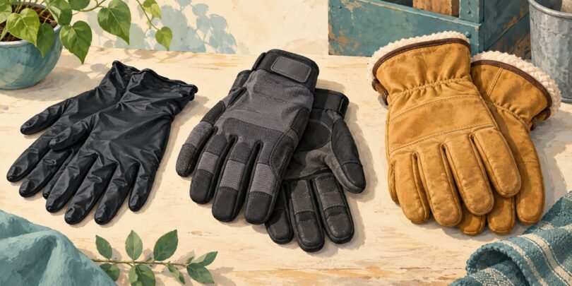 Illustration of disposable nitrile, reusable workshop and insulated leather gloves.