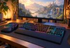 Generic illuminated gaming keyboard and separate one-handed keypad beside a fantasy landscape on a monitor.