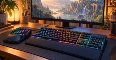 Generic illuminated gaming keyboard and separate one-handed keypad beside a fantasy landscape on a monitor.