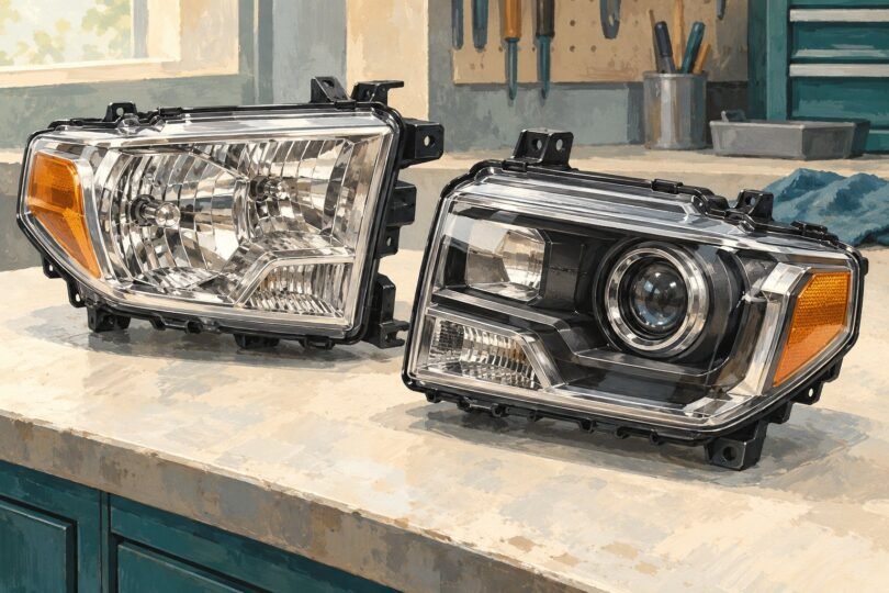 Illustration comparing a reflector headlamp assembly and a projector-style assembly.