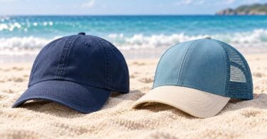 Two generic unbranded baseball and mesh-back caps on sand beside the ocean.