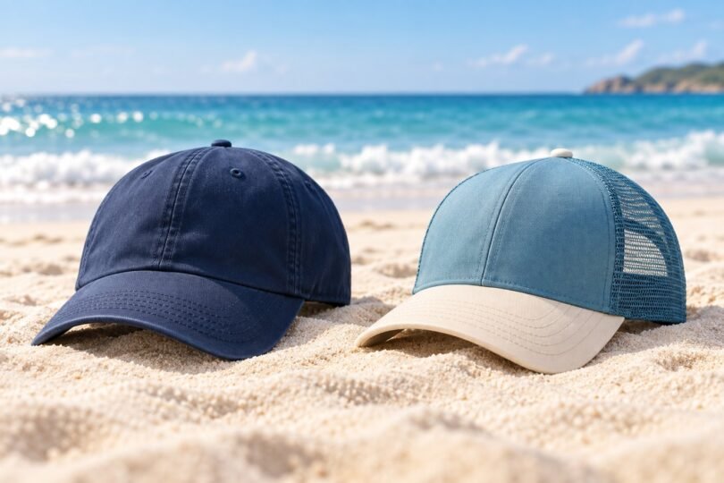 Two generic unbranded baseball and mesh-back caps on sand beside the ocean.