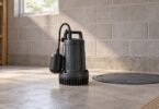 Generic unbranded sump pump beside a covered basin in a clean unfinished basement.