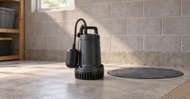Generic unbranded sump pump beside a covered basin in a clean unfinished basement.