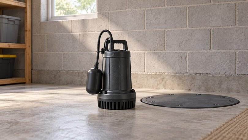 Generic unbranded sump pump beside a covered basin in a clean unfinished basement.