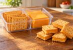 Generic cheese slices and crackers in a snack container beside cheese-filled sandwich crackers.