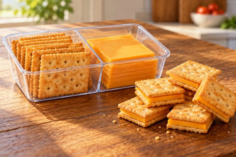 Generic cheese slices and crackers in a snack container beside cheese-filled sandwich crackers.