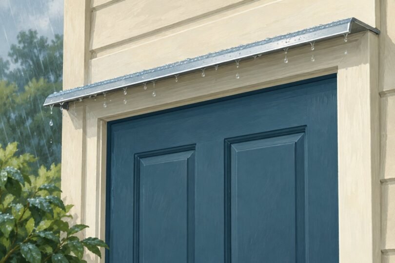Illustration of a metal overhead rain drip above an exterior door.