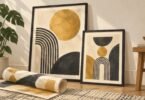 Illustration of generic framed abstract prints and a rolled paper poster.