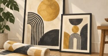 Illustration of generic framed abstract prints and a rolled paper poster.