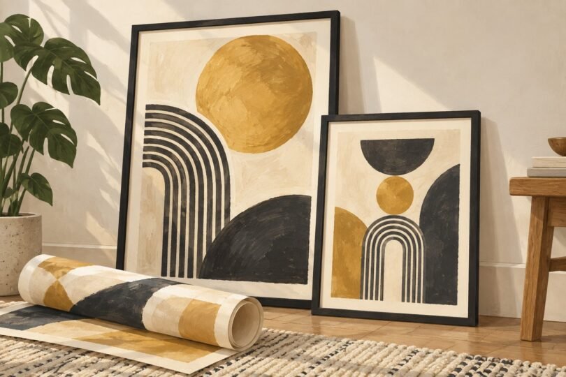 Illustration of generic framed abstract prints and a rolled paper poster.
