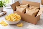 Plain snack pouches in a cardboard box beside a bowl of potato chips.