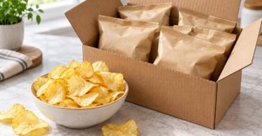 Plain snack pouches in a cardboard box beside a bowl of potato chips.