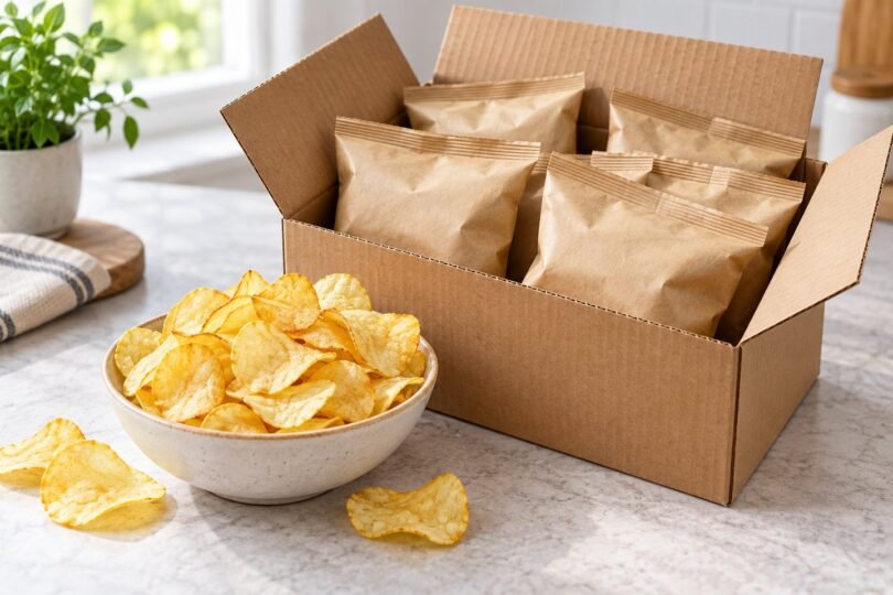 Plain snack pouches in a cardboard box beside a bowl of potato chips.