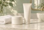 Unbranded closed cream jar and squeeze tube beside a folded washcloth.