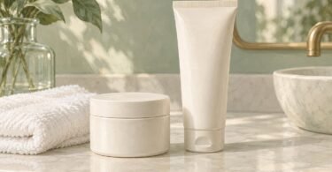 Unbranded closed cream jar and squeeze tube beside a folded washcloth.