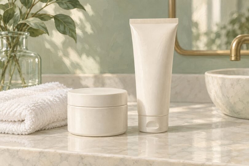 Unbranded closed cream jar and squeeze tube beside a folded washcloth.