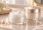 Generic unbranded face cream jars with decorative pearls.