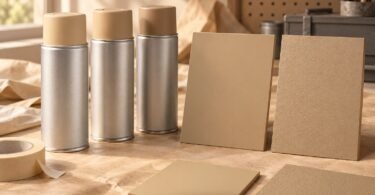 Tan paint samples beside unbranded spray paint cans
