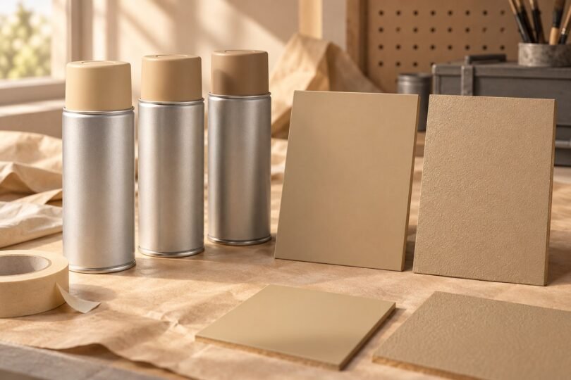Tan paint samples beside unbranded spray paint cans