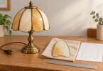 An unplugged glass-panel table lamp beside an intact replacement panel, ruler and paper template.