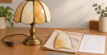 An unplugged glass-panel table lamp beside an intact replacement panel, ruler and paper template.