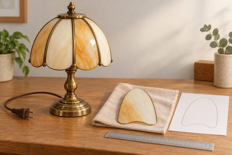 An unplugged glass-panel table lamp beside an intact replacement panel, ruler and paper template.