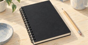Illustration of a generic closed black wire-bound paper planner beside a pencil.
