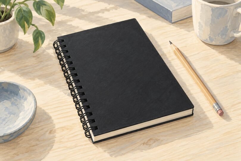 Illustration of a generic closed black wire-bound paper planner beside a pencil.