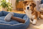 Generic soft hammer-shaped dog toy on a blue bed beside a calm dog.