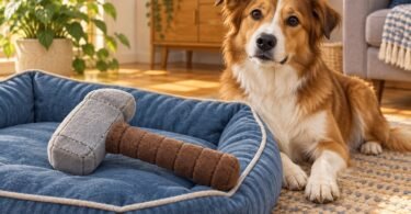 Generic soft hammer-shaped dog toy on a blue bed beside a calm dog.