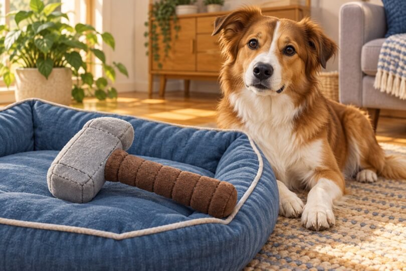 Generic soft hammer-shaped dog toy on a blue bed beside a calm dog.