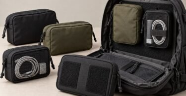 Hook-backed organizer pouches beside a loop-lined backpack