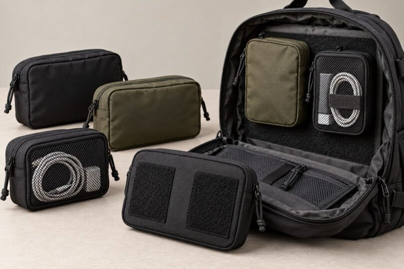 Hook-backed organizer pouches beside a loop-lined backpack