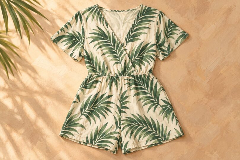 Generic cream romper with a green palm-leaf pattern laid flat.