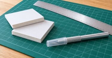 Paper-faced foam board, a metal ruler and a capped craft knife on a cutting mat.