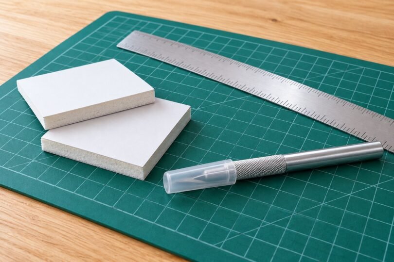 Paper-faced foam board, a metal ruler and a capped craft knife on a cutting mat.